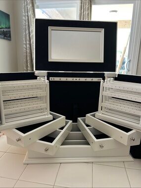 White Jewelry Storage Organizer Box with Mirror and Multi-Tier Drawers